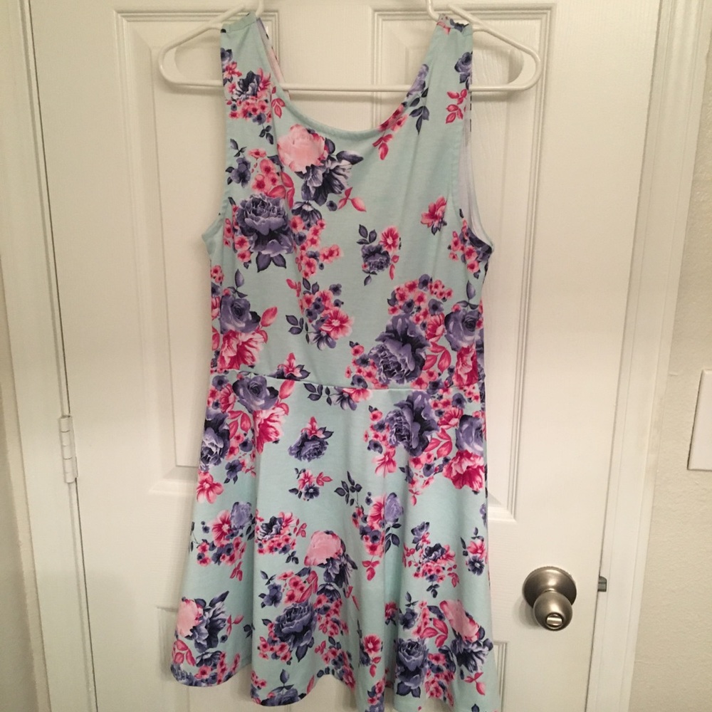 fun light blue dress with pink & purple floral
